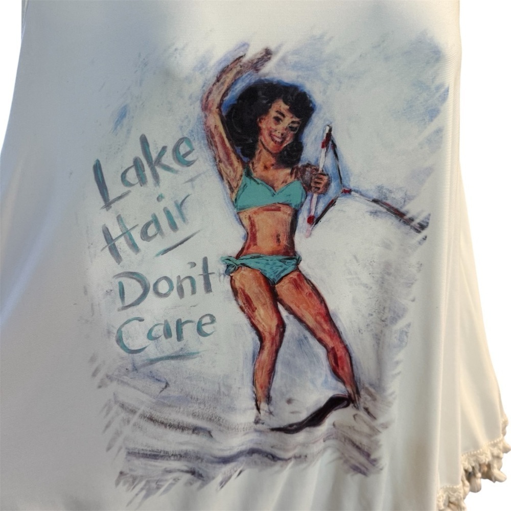 Judith March “Lake Hair Don’t Care” Cream Fringed Tank Top Size Medium in EUC. - Picture 3 of 9